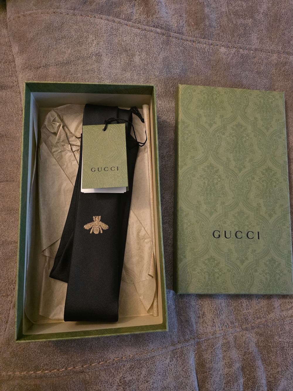 Gucci Black Silk Tie with Gold Bee Embroidery